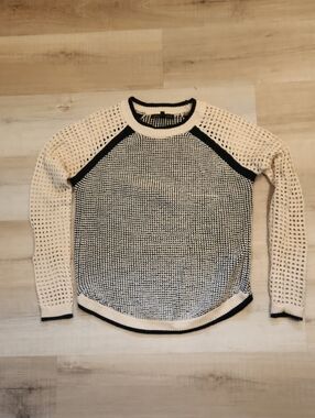 Lucca Couture Cream and Black Open-Knit Crewneck Sweater